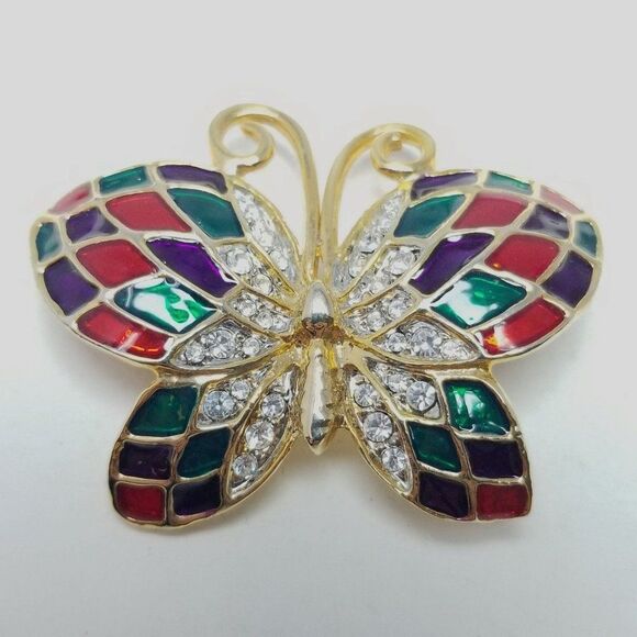 Vintage Colorful Butterfly Brooch, Rhinestone Enamel Gold Tone Setting, Retro - Picture 1 of 6